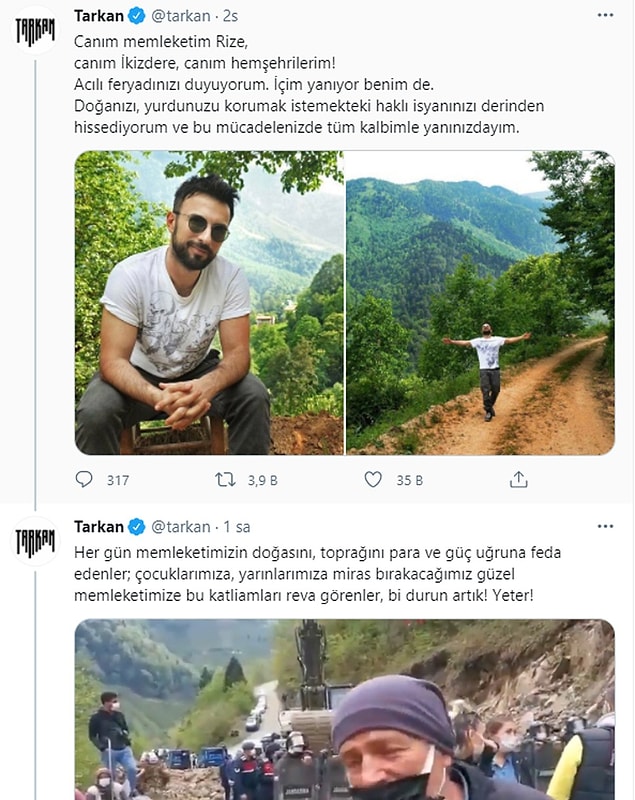Tarkan hatırlarsanız Rize’nin İkizdere ilçesindeki İşkencedere Vadisi’nde iş makinalarının çalışması sebebiyle köylülere desteğini göstermişti. Doğa söz konusu olduğu zaman asla ve asla susmayan cesur bir yürek!