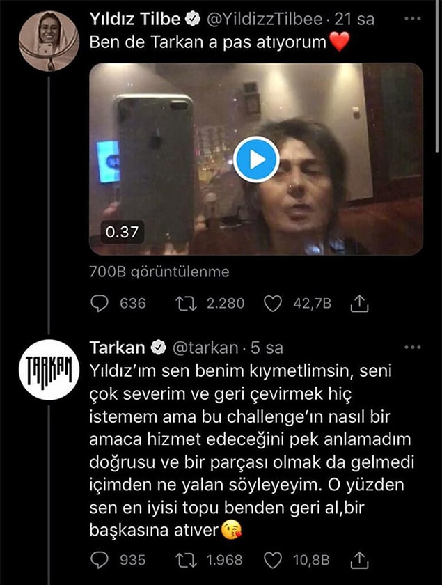 Geçtiğimiz günlerde Yıldız Tilbe, pandemiden etkilenen müzisyenler için bir kampanya başlattığını duyurmuştu. Çektiği bir video ile Tarkan'a pas atarak zinciri devam ettirmesini istedi ama beklediği cevabı alamadı.