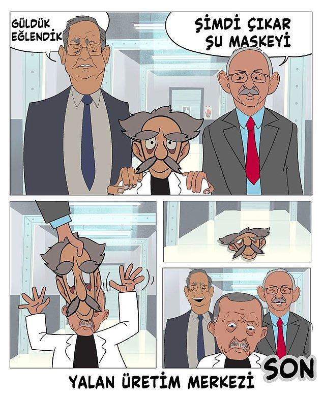 CHP, Twitter hesabından bugün yaptığı paylaşımda ise çizgi filmdeki profesörün maskesinin altından Erdoğan'ın çıktığı bir karikatür paylaştı. 👇