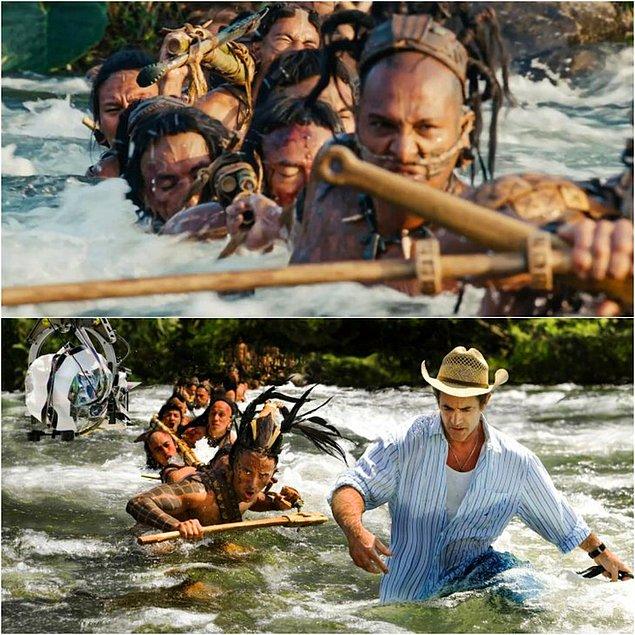 12. Mel Gibson, yönetmenliğini yaptığı Apocalypto filminde oyuncularla birlikte suların içinde...