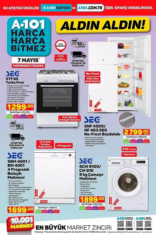 SEG marka turbo fırın, no-frost buzdolabı, 4 programlı bulaşık makinesi ve 9 kg çamaşır makinesi satışta olacak.