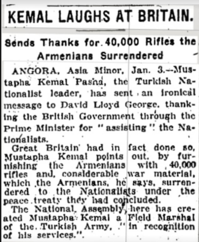 Haber New York Times'da bu şekilde çıkar ve "Kemal, İngiltere'ye Gülüyor." denilerek Gazi'nin Britanya ile adeta dalga geçtiği yazılır.