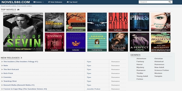 4. Novels80, kitap severlere pek çok kategorisiyle farklı kitapları ücretsiz okuma imkanı sunan son derece yararlı bir site. 📚