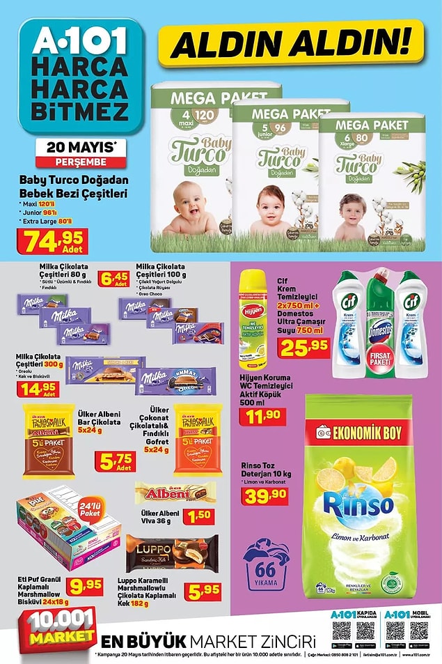 Baby Turco bebek bezleri 74,95 TL. Miktar ürünün boyutuna göre değişiyor.