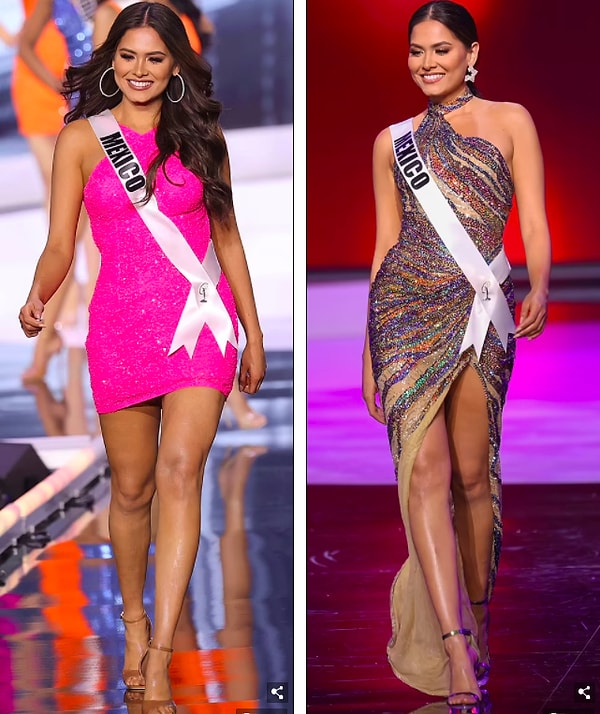 На протяжении всего соревнования Андреа надела три совершенно разных платья, включая ярко-розовое мини и бежевое платье с вырезом на шее с разрезом до бедра.