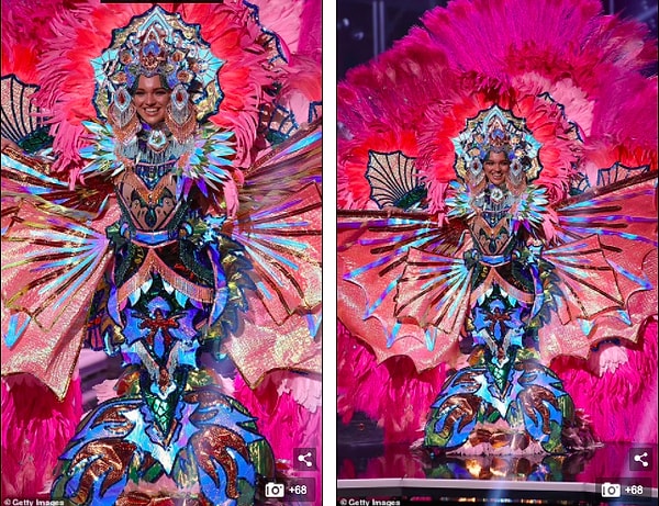 Мисс Дания Аманда Петри осветила сцену своим захватывающим ансамблем, в котором использовались огни, перья и блестки.