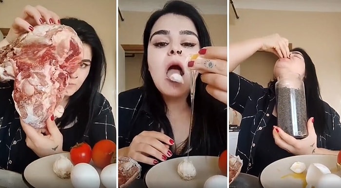 Abla Ne Yapıyorsun ya? Çiğ Et Dahil Ne Bulduysa Mideye İndiren Kadının Bi' Acayip Mukbang Videosu