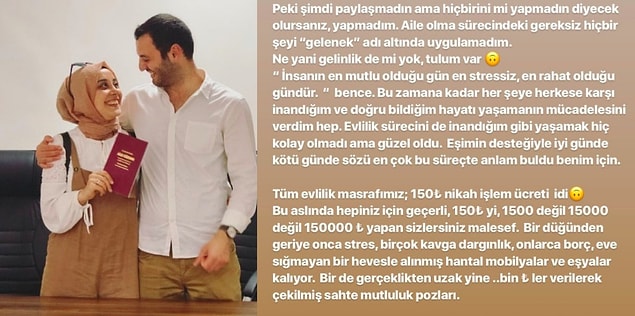 Twitter'da @AyaktaAlkis adlı kullanıcı, bilinen ve görülenlerden ziyade sade mi sade nikah kıyan ve düğün masrafını sadece 150 TL'ye getiren çiftin fotoğrafını paylaştı.