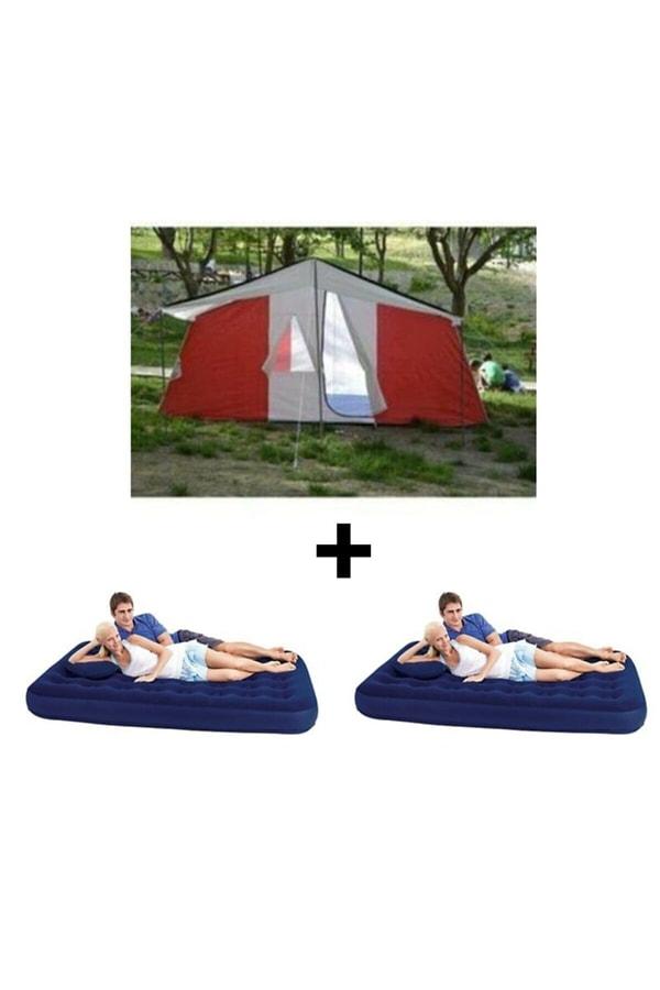 11. İki odalı bir kamp çadırı ve 2 adet çift kişilik şişme yataktan oluşan bu set çok kullanışlı.