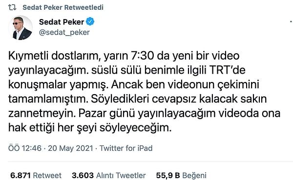Sedat Peker dün gece 6. videosunu yayınlayacağını paylaşmış dün TRT'de yayınlanan Süleyman Soylu röportajına daha sonra değineceğini söylemişti.