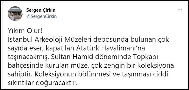Haberin yayınlanmasının ardından sosyal medyada çok sayıda kişi eserlerin Atatürk Havalimanı’na taşınmasına tepki gösterdi. 👇