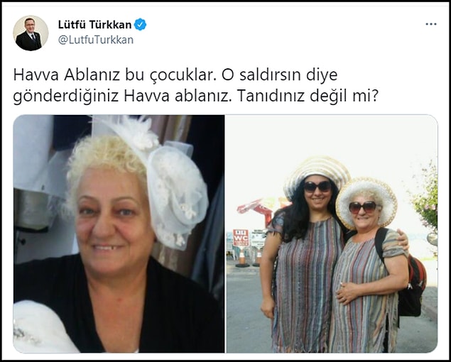 Türkkan olay günü başı kapalı olan Sevgen’in farklı fotoğraflarını paylaştı ve "Havva Ablanız bu çocuklar. O saldırsın diye gönderdiğiniz Havva ablanız. Tanıdınız değil mi?" diye sordu.