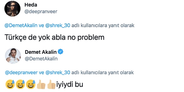 Demet Akalın'ın İngilizce yok yanıtına başka bir takipçi "Türkçe de yok abla no problem" dedi. Akalın bu yorumu gülerek "Bu iyiydi" şeklinde yanıtladı.