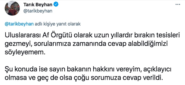 Canlı yayındaki bu beyanların ardından Af Örgütü Türkiye Şubesi İletişim ve Kampanyalar Direktörü Tarık Beyhan, sosyal medya hesabından örgütün işkence ve kötü muameleyi izlediğini ve konuya dair bulgularını İçişleri Bakanlığı ile paylaştıklarını açıkladı. 2019 ve 2020 yılına ait raporları yayınladı.