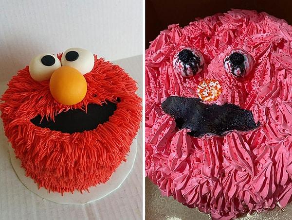 25. "Soldaki pastayı sipariş ettik, demin sağdaki geldi. Eminim Elmo daha güzel günler görmüştür."
