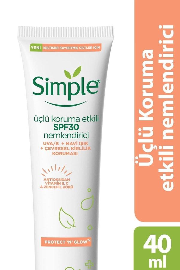 2. En sevdiğim markalardan biri olan Simple'ın parfüm, renklendirici veya sert kimyasal içermeyen Spf 30 korumalı nemlendiricisi ile devam edelim listemize.