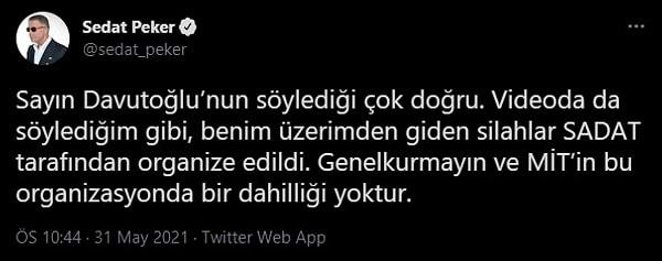Peker, Davutoğlu'nun bu sözlerine Twitter'dan şu yanıtı verdi:
