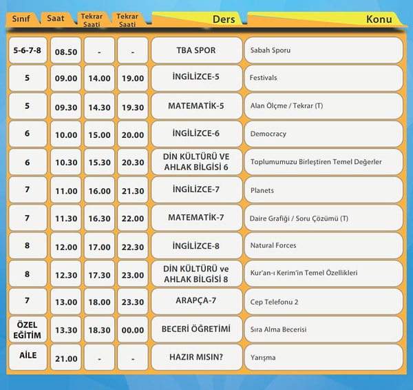 2 Haziran EBA TV Ortaokul Ders Programı