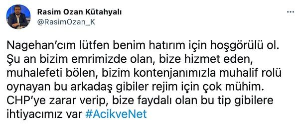 Habertürk'te yayınlanan Açık ve Net programında yer alan Nagehan Alçı'nın eşi Rasim Ozan Kütahyalı, sosyal medya paylaşımında Ümit Kocasakal'ı hedef aldı.