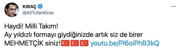 Kıraç, Milli Takım için hazırladığı şarkıyı Twitter hesabından 'Siz de birer mehmetçiksiniz' ifadeleriyle paylaştı.