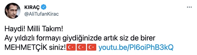 Kıraç, Milli Takım için hazırladığı şarkıyı Twitter hesabından 'Siz de birer mehmetçiksiniz' ifadeleriyle paylaştı.