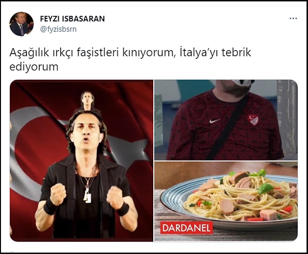Eski vekil Feyzi İşbaşaran, Türkiye-İtalya karşılaşmasının ardından Kıraç’ın yer aldığı üç fotoğraf paylaşıp “Aşağılık ırkçı faşistleri kınıyorum, İtalya’yı tebrik ediyorum” diye yazdı. 👇