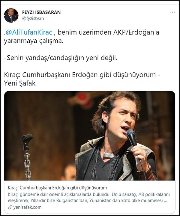 İşbaşaran son paylaşımında "Benim üzerimden Erdoğan’a yaranmaya çalışma" diyerek Kıraç'ın eski bir röportajını paylaştı ve Kıraç'a "yandaş" dedi. 👇