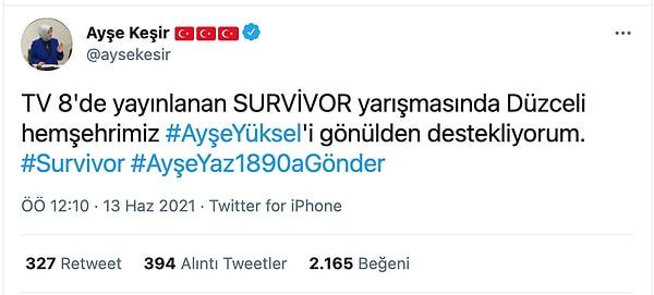 Bu desteklerden biri de AKP Genel Merkez Kadın Kolları Başkanı ve Düzce Milletvekili Ayşe Keşir'den geldi.