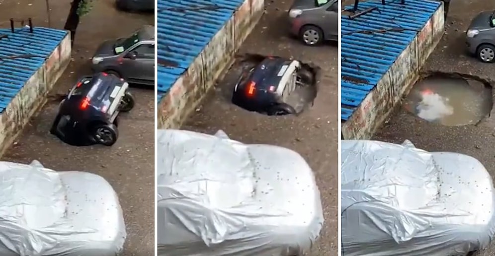 Otopark Zemininin Çökmesi Sonrası Bir Aracın Suyun İçine Çekildiği Bi' Acayip Görüntüler