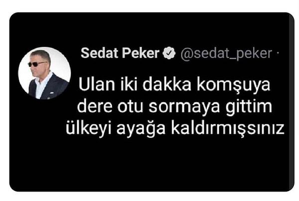 Ve şimdi sahneye üçüncü benzemezi çıkarıyorum: Bu sabah Sedat Peker bir tweet göndermiş, diyor ki;