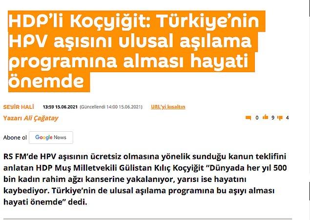 Ayrıca geçtiğimiz gün de HDP Muş Milletvekili Gülistan Kılıç Koçyiğit, aşının ücretsiz olmasına yönelik bir kanun teklifi sundu.