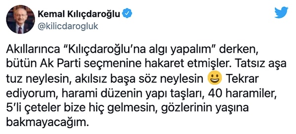 Kemal Kılıçdaroğlu haberin üzerine Twitter'dan bir paylaşım yaparak hem A Haber'e hem de inşaat şirketlerine tepki gösterdi.