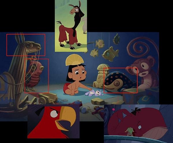 33. The Emperors New Groove'da (2000) bebek Kuzco'nun oyuncak laması, papağanı ve balinası vardır.