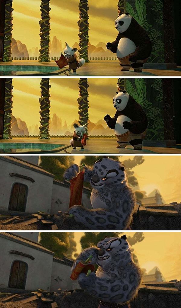 39. Kung Fu Panda'da (2008), Shifu ve Tai Lung ejderha parşömenin boş olduğunu gördüklerinde aynı tepkileri veriyorlar: Yanlara bakıyor, katlıyor ve tekrar açıyorlar. Babasının oğlu işte...