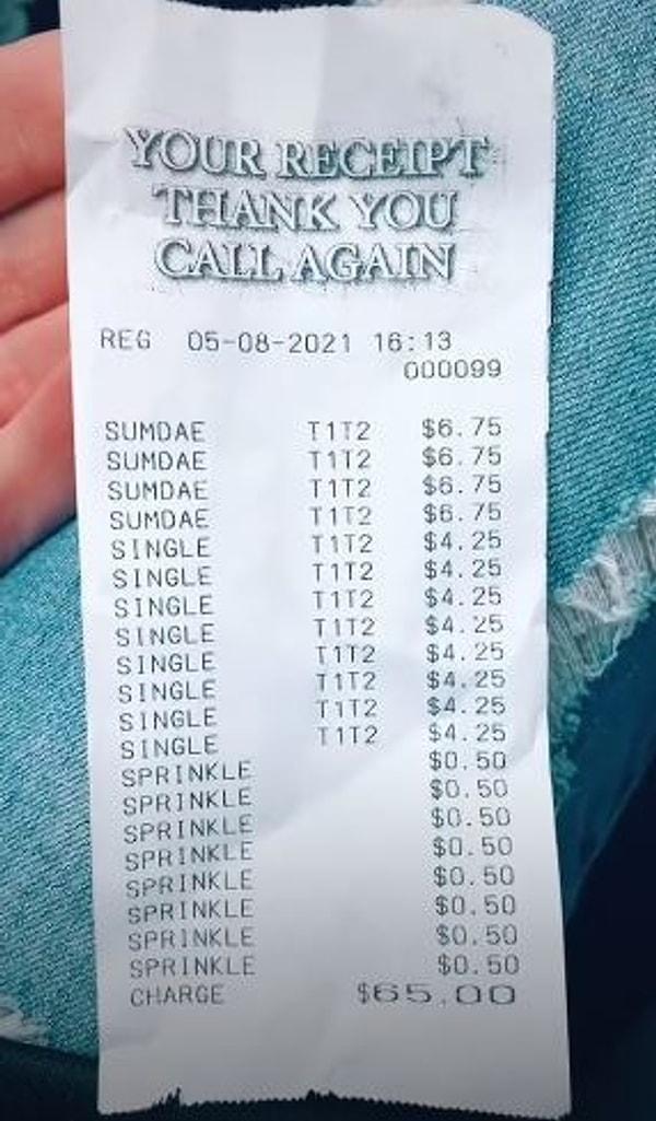 Alicia TikTok'ta paylaştığı videoda 12 aile üyesi dondurma aldığında tutarın 65 dolar olduğunu gösteriyor.
