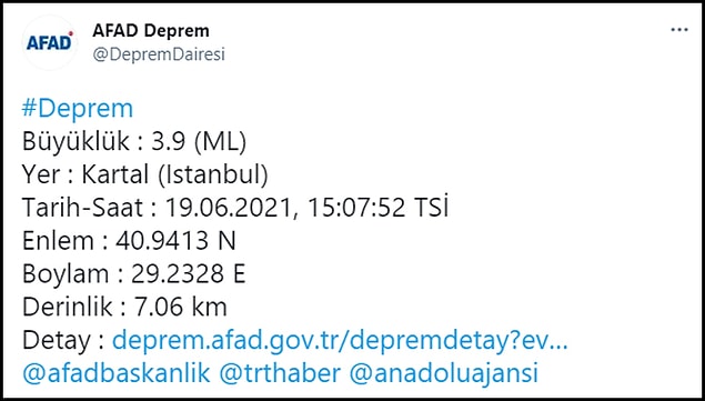 AFAD depremin büyüklüğünün 3.9 olduğunu duyurdu 👇