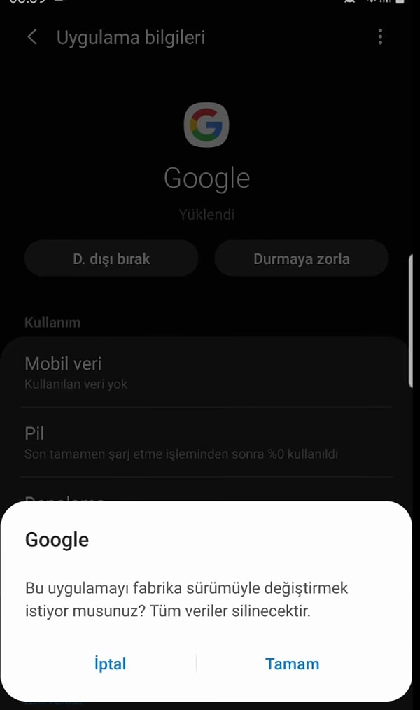 Google bölümüne girince ‘güncellemeleri kaldır’ butonuna basın ve sorunu bu yöntemle çözün.