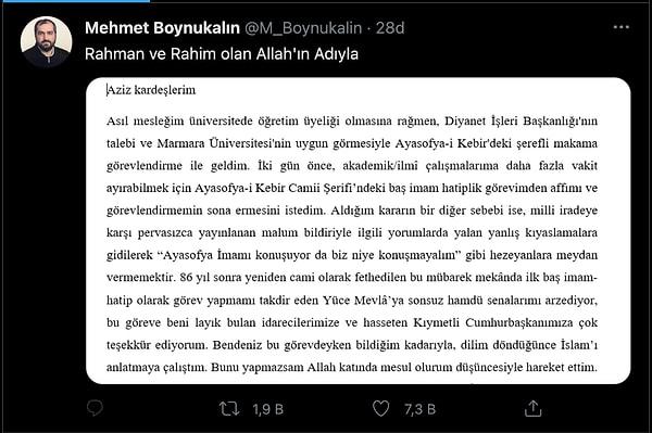 Bir süre sonra da Twitter hesabından istifa ettiğini duyurmuş, Marmara Üniversitesi İlahiyat Fakültesi'nde akademik kariyerine devam edeceğini yazmıştı.