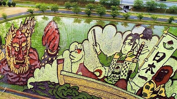 3. Bu gördüğünüz çeltik tarlası. Japonya'da bulunan çiftçiler ortaya böyle harika bir sanat eseri çıkması amacı ile değişik pirinç türleri ekiyorlar.