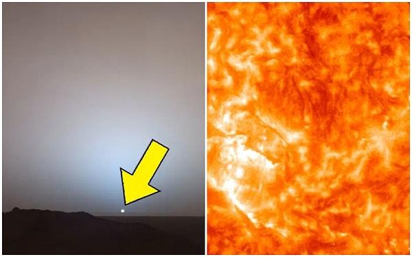 Soldaki fotoğraf Mars'ta çekilmiş bir gün batımı. Sağdaki fotoğrafsa VY Canis Majoris bizim güneşimiz olsaydı çekilecek gün batımı fotoğrafı.