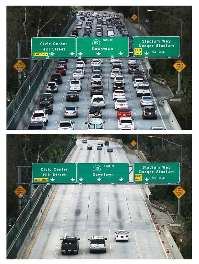 4. İlk fotoğraf 12 Mart 2020'de Los Angeles'ta trafiğin yoğun olduğu saatlerde çekilmiş. İkinci fotoğraf ise bir ay sonra, sokağa çıkma yasakları başladığı zaman çekilmiş.
