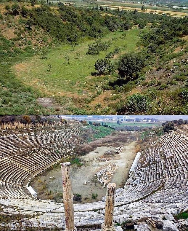 5. Bir Antik Yunan stadyumunun arkeologlar tarafından keşfedilmeden önce ve sonrası: