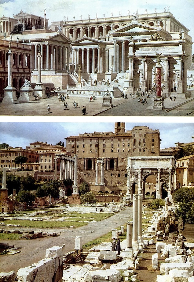 6. Bir Roma Forumunun bin yıl kadar önceki görünüşü ve günümüzdeki hali: