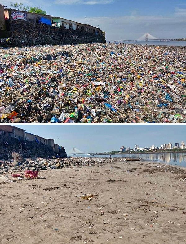 12. Mumbai'de bulunan plajın bir temizlik kampanyasından öncesi ve sonrası: