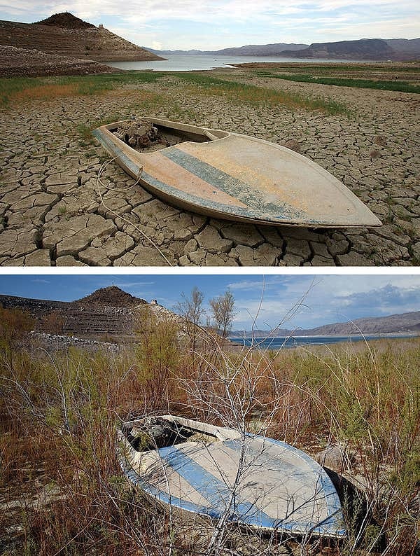 21. Bu fotoğraf da Mead Gölü'ne ait. Gölde bırakılan bir teknenin kuraklığın başında ve 2014'de çekilen fotoğrafı.