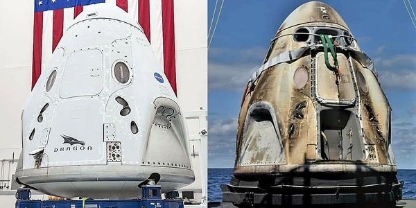 24. Crew Dragon Endeavour'un uzay istasyonuna gitmeden önce ve Dünya'ya döndükten sonra çekilen fotoğrafı: