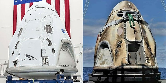 24. Crew Dragon Endeavour'un uzay istasyonuna gitmeden önce ve Dünya'ya döndükten sonra çekilen fotoğrafı: