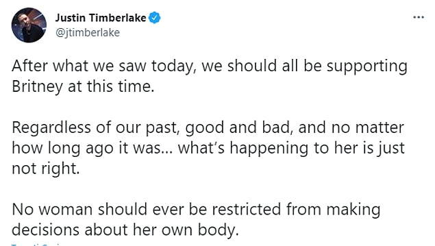 Britney ile yıllar önce tüm dünyanın gözleri önünde çalkantılı bir ilişki yaşayan Justin Timberlake de desteğini gösterdi.