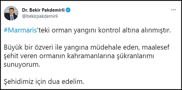 Tarım ve Orman Bakanı Bekir Pakdemirli, yangının kontrol altına alındığını böyle duyurdu. 👇