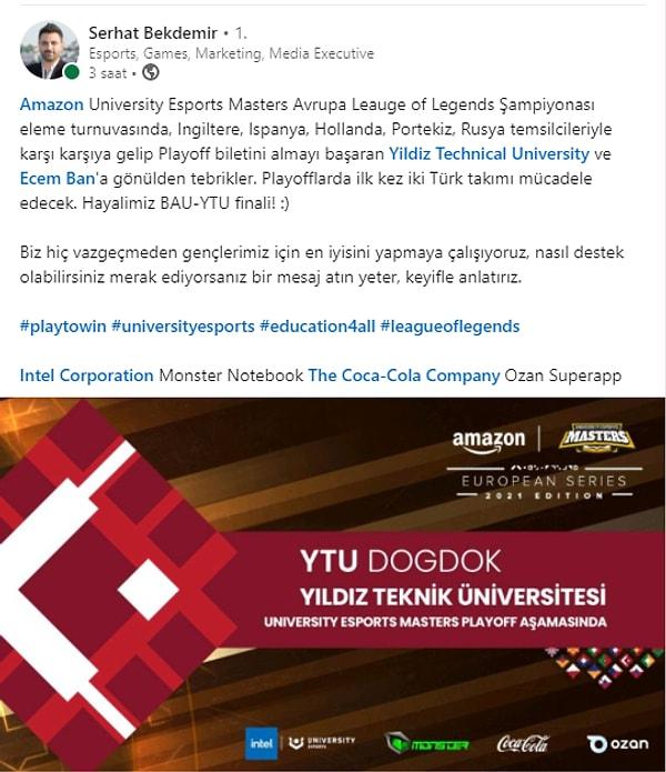 YTU DOGDOK'a ilk tebriklerden bir tanesi University Esports Turkey Organizatörü Serhat Bekdemir'den geldi.